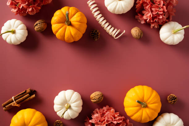 istock Orange and white pumpkins with autumn fall decorations on brown background. Flat lay, top view. 1720259052
