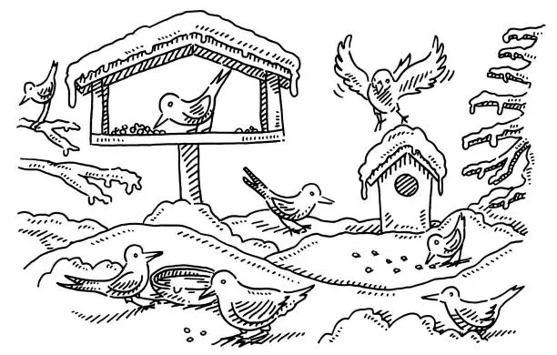 Vector illustration of Aviary Birdhouse Winter Birds Drawing