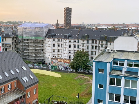 High angle view of View of Nørrebro, Copenhagen city, Denmark on a rainy day. The photo was taken in Copenhagen, Denmark on October 2nd 2023.