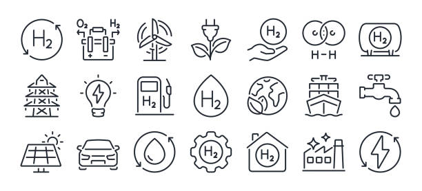 H2 hydrogen electrolysis editable stroke outline icons set isolated on white background flat vector illustration. Pixel perfect. 64 x 64. H2 hydrogen electrolysis editable stroke outline icons set isolated on white background flat vector illustration. Pixel perfect. 64 x 64. hydrogen stock illustrations