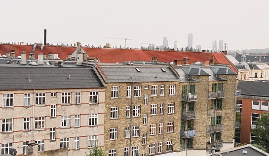High angle view of View of Nørrebro, Copenhagen city, Denmark on a rainy day