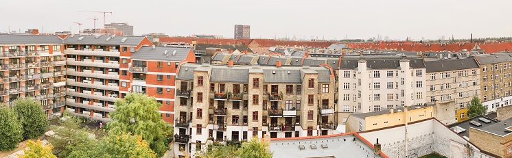 High angle view of View of Nørrebro, Copenhagen city, Denmark on a rainy day.
