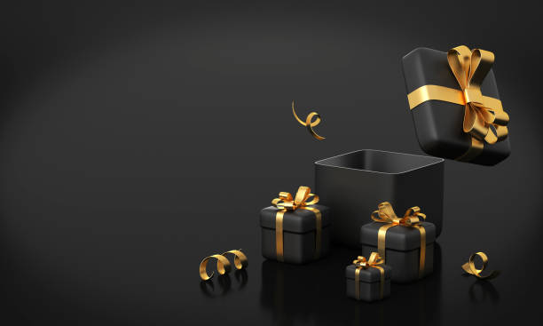 istock Black gift box with golden ribbon bow on black background. 3d rendering. 1720303351