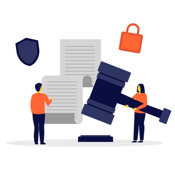 Concept of judicial and judicial law Services of a lawyer, lawyer or notary. Law and data protection civil rights act stock illustrations