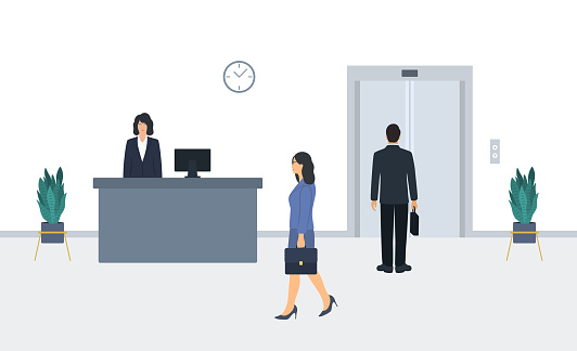 Modern Office Hallway With Reception Desk, Elevator And Business People. Female Receptionist Working At Reception Desk, Businesswoman Walking And Businessman Waiting For Elevator