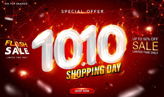 10.10 Shopping Day flash sale banner design template for hot sale campaign. 10.10 3D Number with burning flame. For social media and website. Special Offer Sale 50% Off campaign or promotion. Vector EPS10