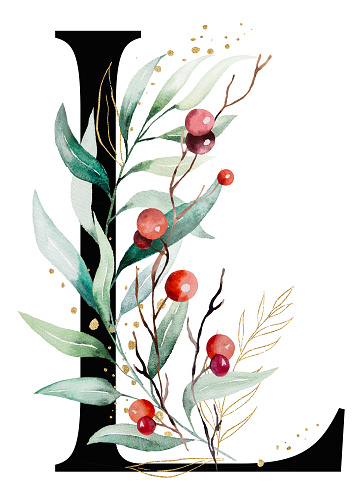 Black letter L with colorful watercolor twigs with green and golden leaves and red berries, Christmas isolated Illustration. Hand painted Alphabet Element for Winter holiday stationary and greetings