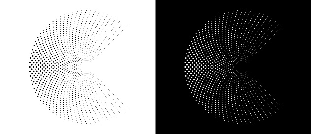 Modern abstract background. Halftone dots in circle form. Round logo. Vector dotted frame. Design element or icon. Black shape on a white background and the same white shape on the black side.