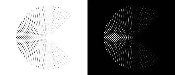 Vector illustration of Modern abstract background. Halftone dots in circle form. Round logo. Vector dotted frame. Design element or icon. Black shape on a white background and the same white shape on the black side.