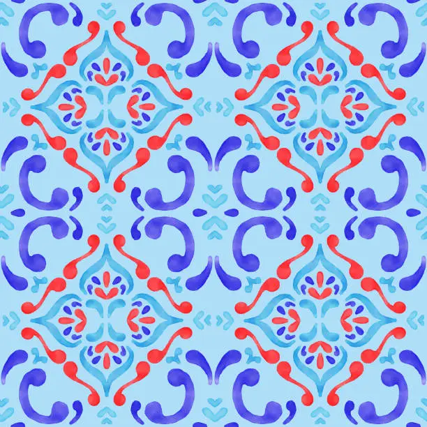 Vector illustration of Blue, Red and Turquoise Colored Portuguese Azulejo Seamless Pattern. Moroccan Ceramic Tile. Vector Lisbon Arabic Floral Mosaic, Mediterranean Ornament.