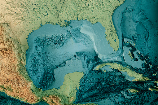 3D Render of a Topographic Bathymetry Map of the Gulf of Mexico. \nAll source data is in the public domain.\nColor texture: Made with Natural Earth.\nhttp://www.naturalearthdata.com/downloads/10m-raster-data/10m-cross-blend-hypso/\nWater texture: SRTM Water Body SWDB: https://dds.cr.usgs.gov/srtm/version2_1/SWBD/\nRelief texture: ETOPO 2022 data courtesy of USGS. URL of source image:\nhttps://www.ncei.noaa.gov/products/etopo-global-relief-model