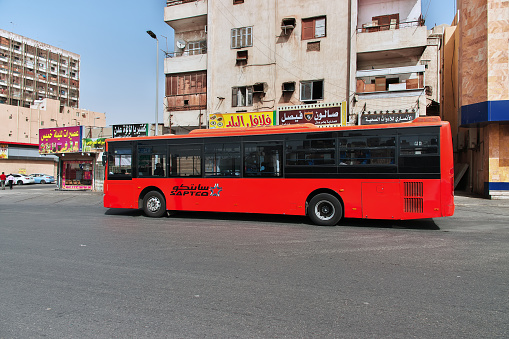 Jeddah, Saudi Arabia - 09 Mar 2020: The public bus on the road in Jeddah of Saudi Arabia