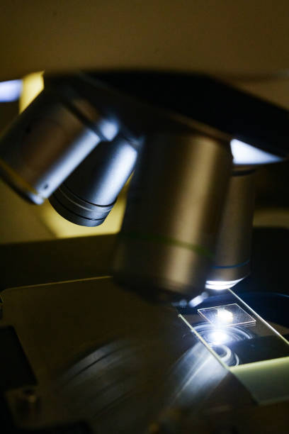 Microscope Objective lenses Close-Up in a laboratory focussed on substance