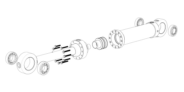 Hydraulic cylinder high pressure exploded view black and white