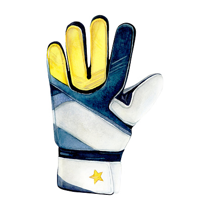 Watercolor drawing of football goalkeeper glove yellow blue white with yellow star. Scillfully painted soccer illustration isolated on white background.