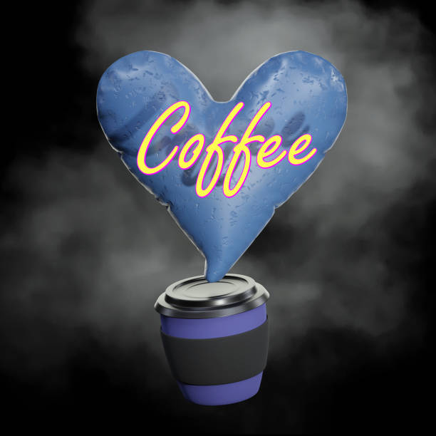 Paper coffee cup with heart on black background with smoke, design with 3D render