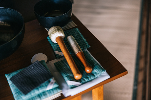 Close up shot of Japanese alternative therapist tools in her therapy room.