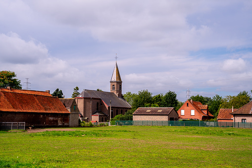 Old wooden church tower in the village