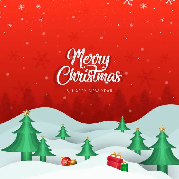 Vector illustration of Merry christmas and happy new year red greeting card in paper art banner template.