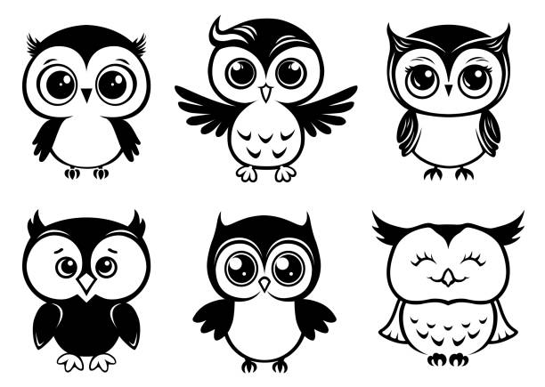 Kids illustration with owlet. Themed baby animals black and white silhouette. Kids illustration with cute baby owls. silhouette symbols for children. background of a owl black and white stock illustrations
