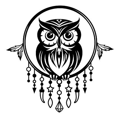 The owl sits on an dream catcher. Bird silhouette. Stylized black and white graphics in tribal style. Boho vector illustration. Animal, talisman.