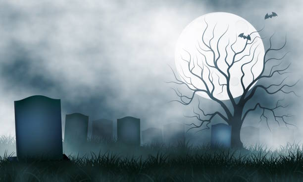 istock Haunted cemetery in foggy night of Halloween 1720468007