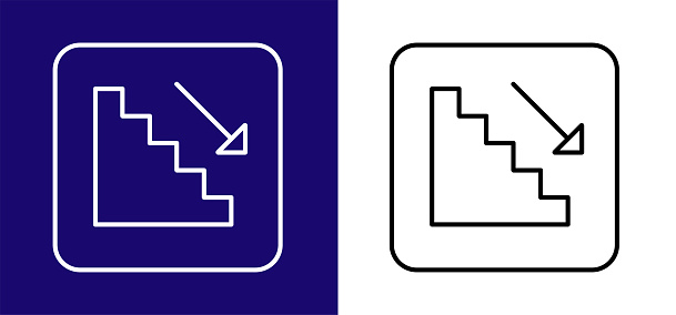 Stairs icon to the left with down arrow. Available in two colors blue, white and white, black.