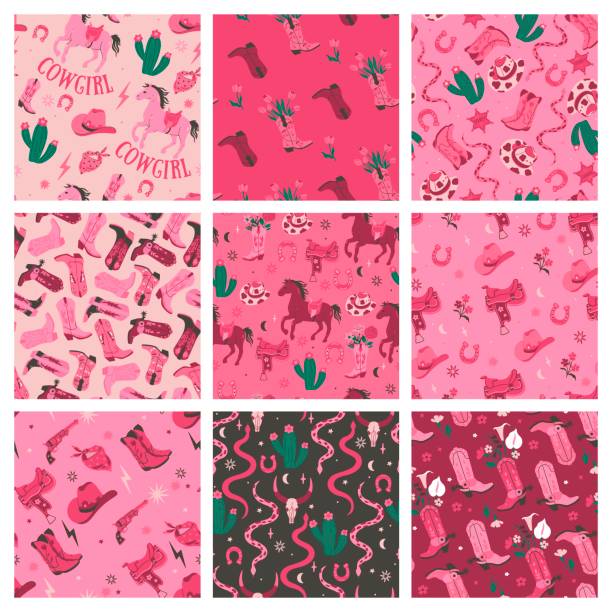 A set of seamless patterns in a cowgirl theme. Vector graphics. A set of seamless patterns in a cowgirl theme. Vector image. theme wild wild west stock illustrations