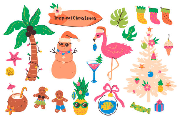 Set of tropical Christmas items isolated on white background. Vector graphics. Set of tropical Christmas items isolated on white background. Vector image. cute christmas clip art stock illustrations