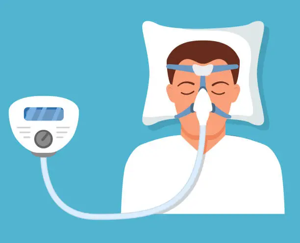 Vector illustration of Continuous positive airway pressure.Obstructive sleep apnea. Man lying on bed.