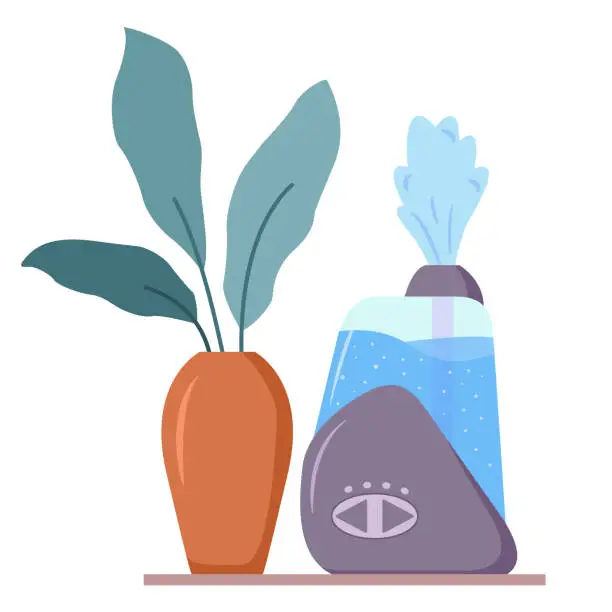 Vector illustration of Humidifier distributes steam for home.Plant for interior decor of home.Air diffuser.