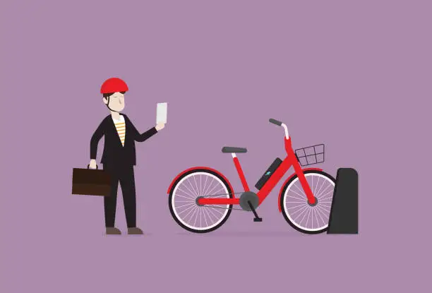 Vector illustration of Businessman uses mobile phone for contactless payment for city bike rentals