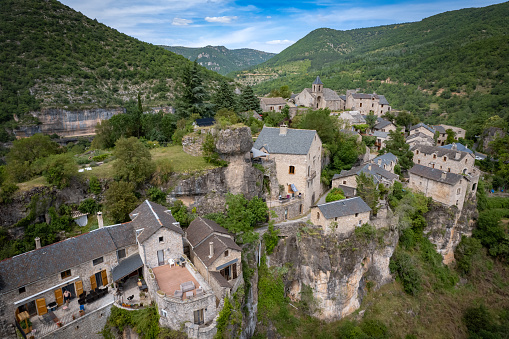 Aerial view of the beautiful french village of Nant in Averyon, Occitanie, France