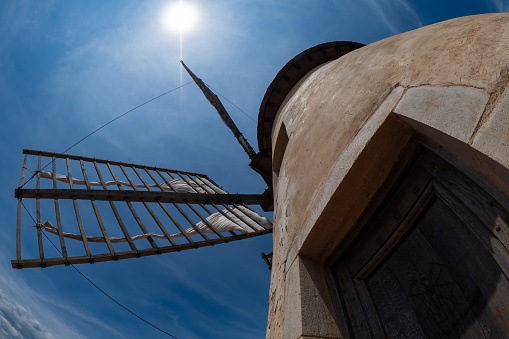 Wide angle fishetye view of Windmill - Le moulin du Rédounel during the summertime in south France