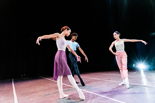 Young ballet dancers rehearsing to perform in a stage theater