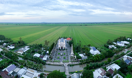 The church in the countryside of Kien Giang province, the church in the middle of rice fields, Vietnam