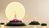 3d rendering illustration Loy Krathong festival  and Yi Peng festival in thailand  krathong from banana leaves, flowers, candles and incense sticks, fullmoon, river, and night background color.