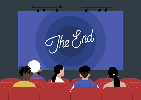 A cinema movie screen displaying The End signage, encompassing the realm of art and entertainment, with people seated on red-upholstered chairs
