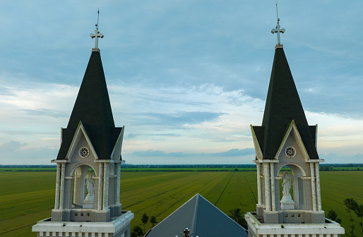 The church in the countryside of Kien Giang province, the church in the middle of rice fields, Vietnam