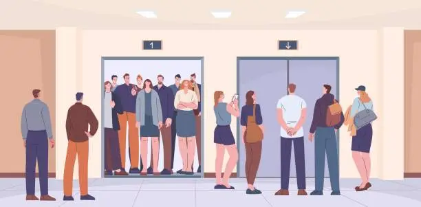 Vector illustration of People crowd in elevator. Cartoon characters in office mall or hotel. Women and men go to work, stand in lift and closed door, kicky vector scene