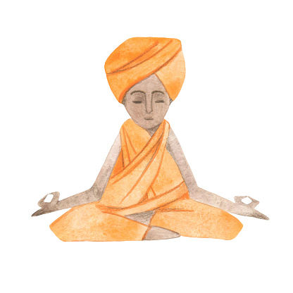 Watercolor illustration. Yoga Meditation. Indian man in orange garment