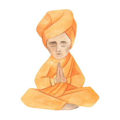 Watercolor illustration. Yoga Meditation. Indian man in orange garment in lotus pose