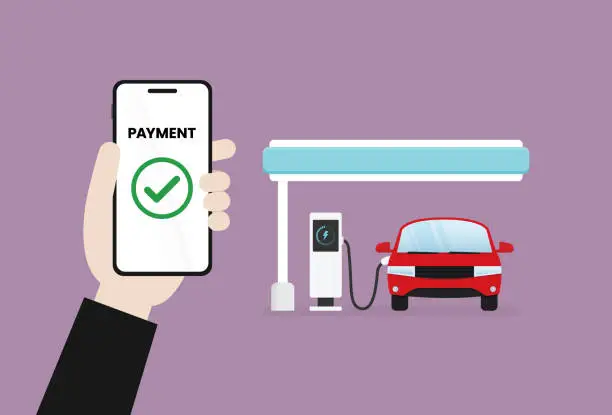 Vector illustration of Businessman uses contactless payment at gas stations