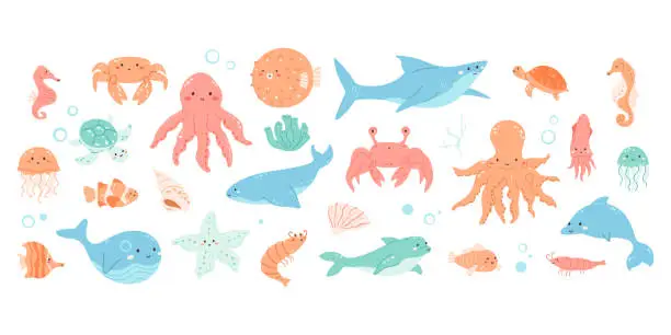 Vector illustration of Undersea animals big collection.