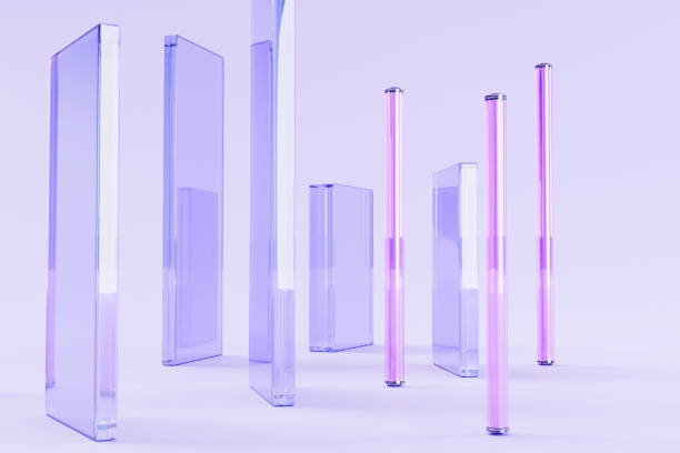 istock Purple glass rectangular plates and pink crystal tubes on abstract background 3d render. Transparent clear wall of geometric shapes with hologram gradient texture in empty studio room 1720574267