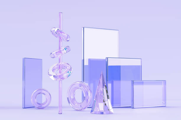 Abstract geometric purple background with glass rectangle plates, crystal triangle, line with circle rings 3d render. Transparent clear plastic or acrylic shapes with gradient texture. 3D illustration