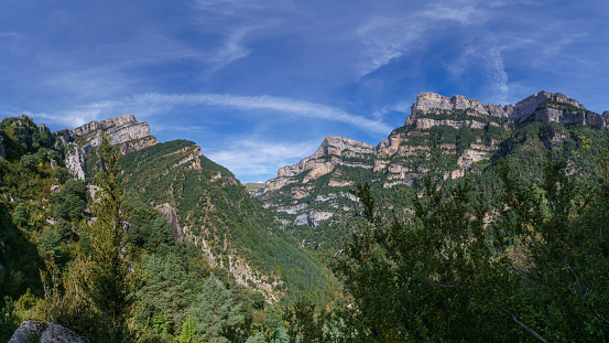 Landscape of canyon Canon de Anisclo in Pyrenees mountains, Ordesa y Monte Perdido National Park, Aragon, Huesca, Spain