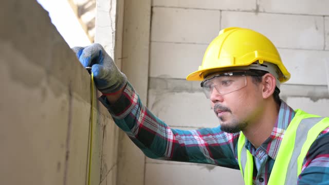 Asian male construction worker checking distance of house window sill with tool construction tape measure