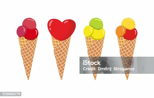 istock Set of ice cream cones. Heart and bubble shapes. 1720583779