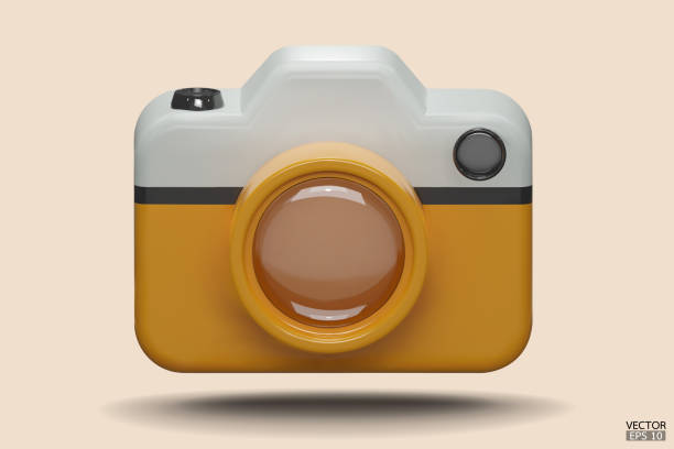 istock Photo camera with lens. yellow Camera icon. Modern simple snapshot photography sign. 3d vector illustration. 1720590449